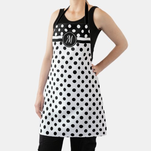 Monogram Polka Dot  Black White Apron