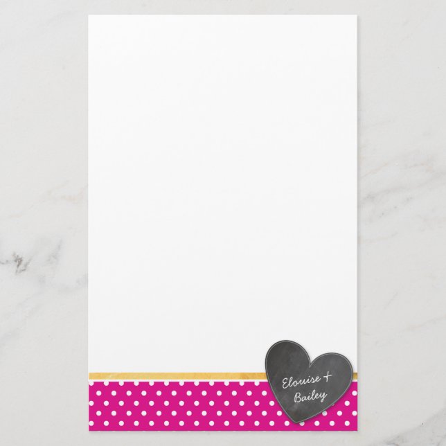MONOGRAM polka dot chalkboard heart bold hot pink Stationery (Front)