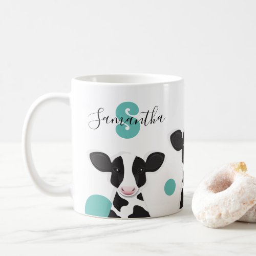 Monogram Polka Dot Name Cow Teal Animal Coffee Mug