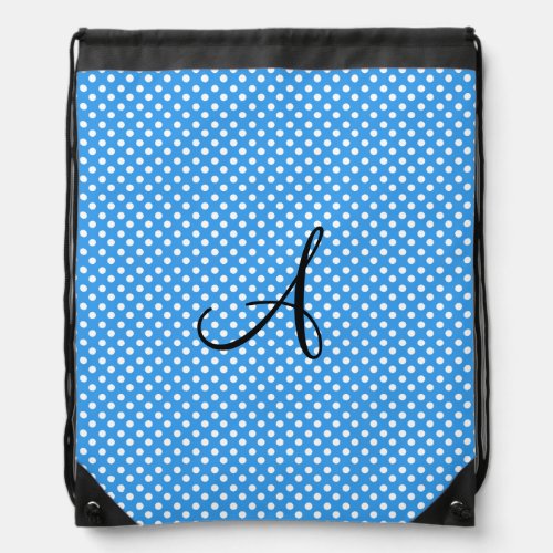 Monogram polka dots blue and white drawstring bag