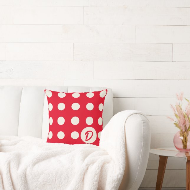  Monogram Polka Dots in Soft White on Bright Red Throw Pillow (Couch)