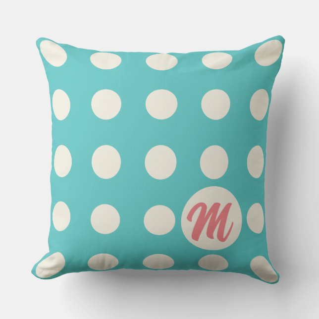  Monogram Polka Dots in Soft White on Turquoise Throw Pillow (Front)