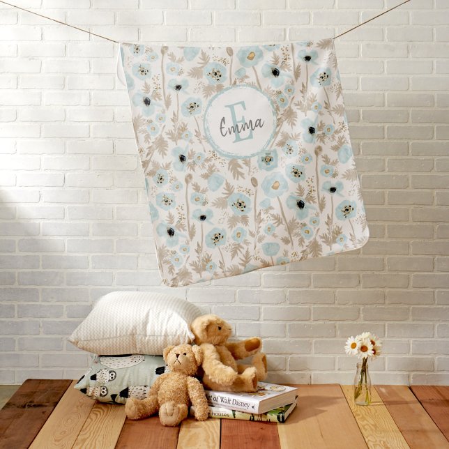 Monogram Poppies Gray Floral  Baby Blanket (Monogram Poppies Gray Floral Baby Blanket from Studio Posies.)