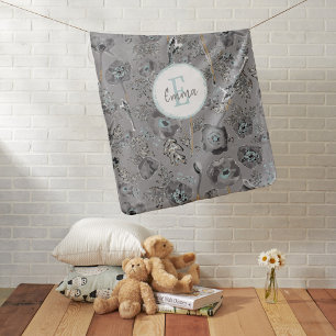 Monogram Poppies Gray Floral Pattern Baby Blanket