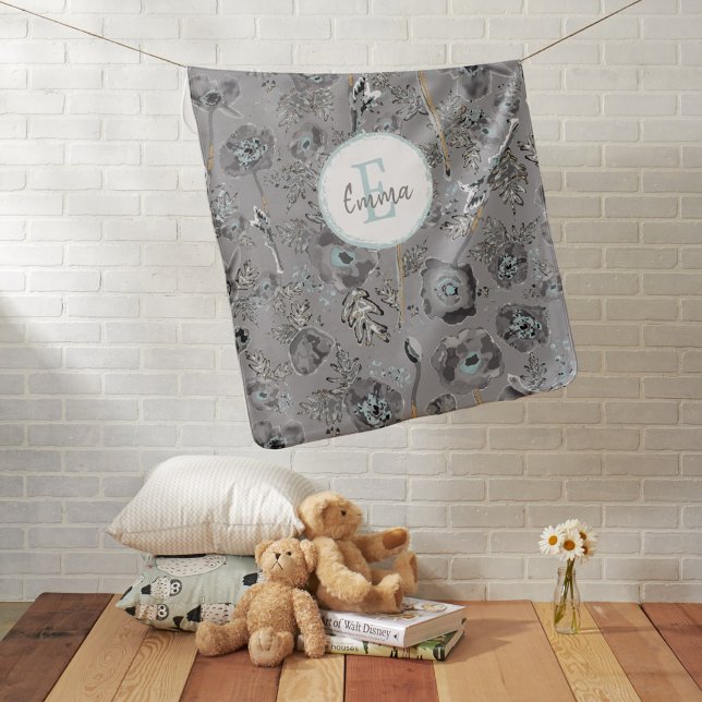 Monogram Poppies Gray Floral Pattern Baby Blanket (Monogram Poppies Gray Floral Pattern Baby Blanket from Studio Posies.)