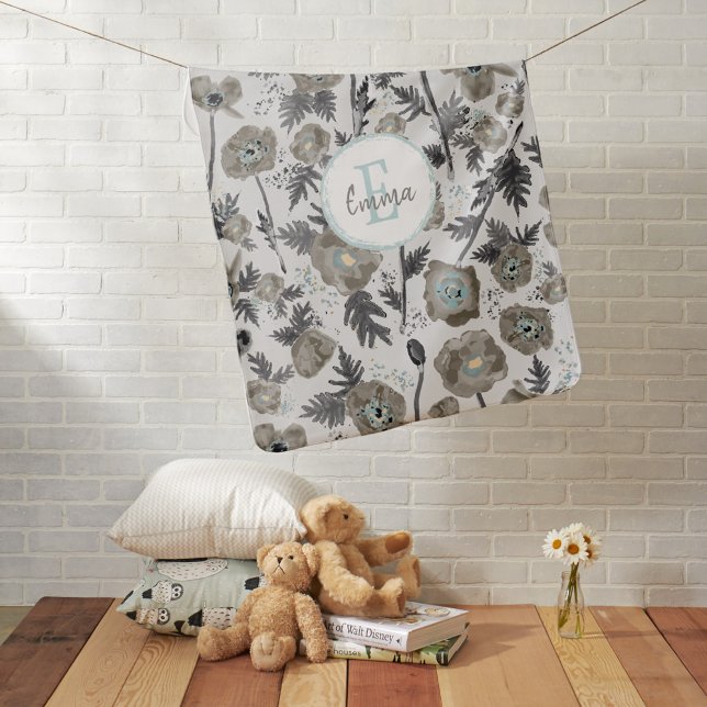 Monogram Poppies Taupe Floral  Baby Blanket (Monogram Poppies Taupe Floral Baby Blanket from Studio Posies.)