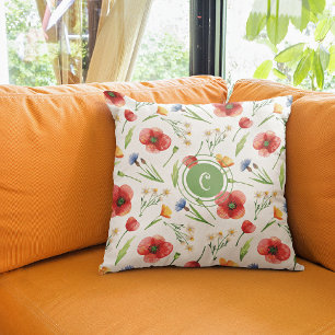 Monogram, Poppies & Wildflowers Pattern Throw Pillow