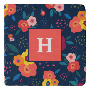 Monogram Poppy Floral Coral Blue Personalized Trivet