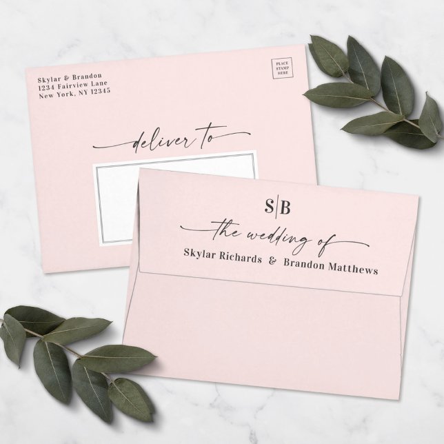 Monogram Porcelain Pink A7 5x7 Wedding Invitation Envelope (Creator Uploaded)