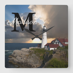 Monogram Portland Head Lighthouse Maine Photo Name Square Wall Clock