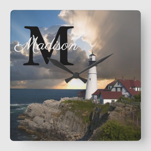 Monogram Portland Head Lighthouse Maine Photo Name Square Wall Clock