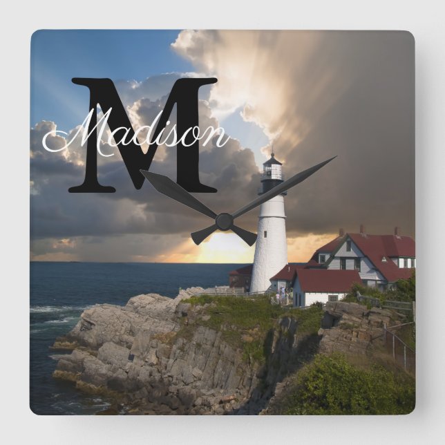 Monogram Portland Head Lighthouse Maine Photo Name Square Wall Clock (Front)