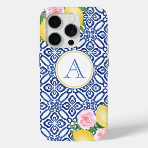 Monogram Positano Lemons Blue White Italian Tiles iPhone 15 Pro Case