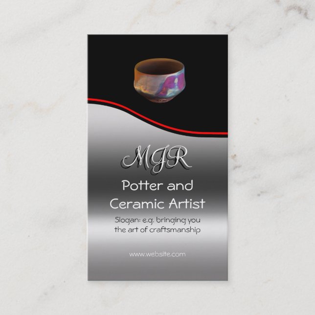 Monogram, Potter, Ceramic Artist, red swoosh Business Card (Front)