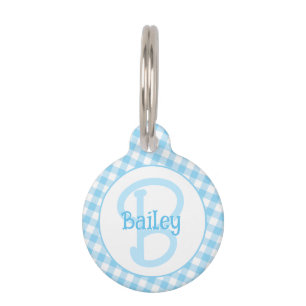 Monogram Preppy Blue Gingham Pet ID Tag