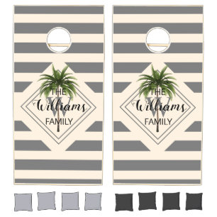 Monogram Preppy Grey Striped Tropical Beach Custom Cornhole Set