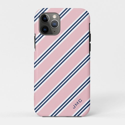Monogram Preppy Pink and Blue Stripes iPhone 11 Pro Case