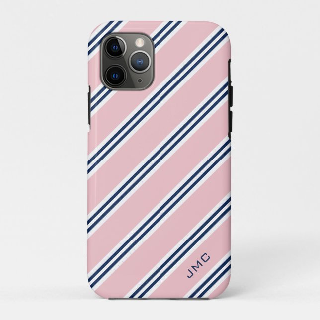 Monogram Preppy Pink and Blue Stripes Case-Mate iPhone Case (Back)