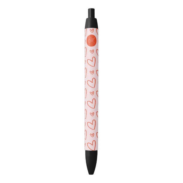 Monogram preppy pink & red hearts pen (Front Vertical)