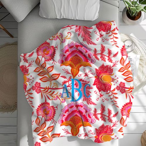 Monogram Preppy Vintage Flowers  Pink  Orange Fleece Blanket