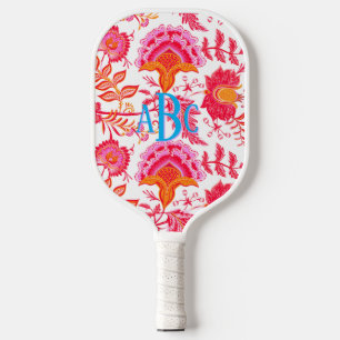 Monogram Preppy Vintage Flowers Pink & Orange Pickleball Paddle