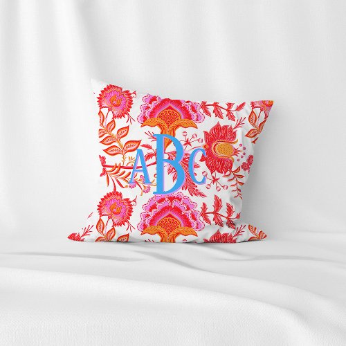 Monogram Preppy Vintage Flowers  Pink  Orange Throw Pillow