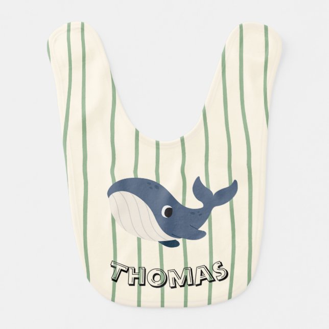Monogram pretty blue whale Nautical stripes Baby Bib (Front)