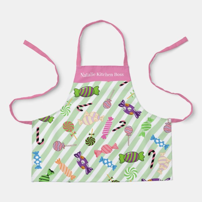 Monogram pretty Candy pattern Stripes Green Pink Apron (Front)