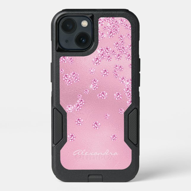 Monogram Pretty Girly Pink Diamond Bling Confetti Otterbox iPhone Case (Back)