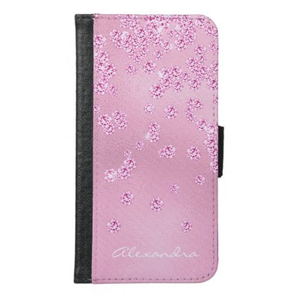 Monogram Pretty Girly Pink Diamond Bling Confetti Samsung Galaxy S6 Wallet Case