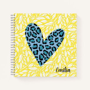 Monogram pretty leopard heart Blue Yellow cute Notebook