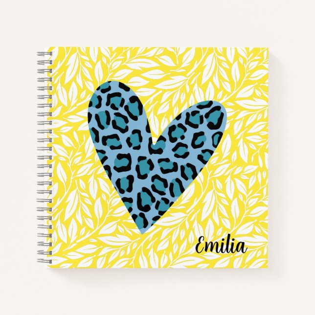 Monogram pretty leopard heart Blue Yellow cute Notebook (Front)