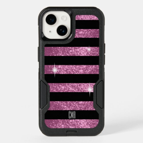 Monogram_ Pretty Pink Faux Glitter  Black Stripes OtterBox iPhone 14 Case