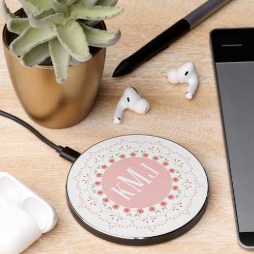 Monogram Pretty Pink Floral Geometrical Pattern  Wireless Charger