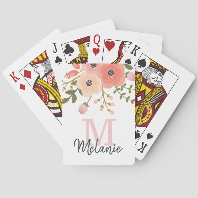 Monogram Pretty Pink Floral Greenery Poker Cards (Back)