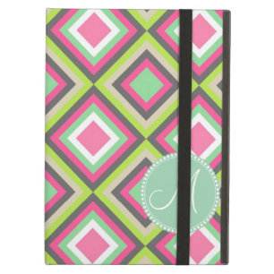 Monogram Pretty Pink Green Gray Diamonds Square iPad Air Case