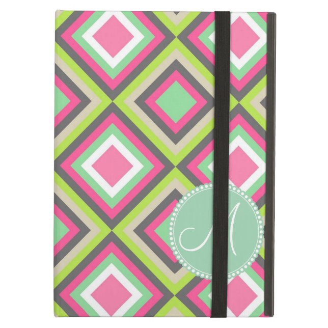 Monogram Pretty Pink Green Gray Diamonds Square iPad Air Case (Front Closed)