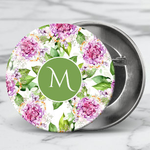 Monogram Pretty Purple Green Watercolor Floral Button