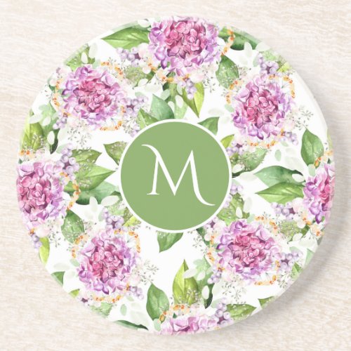 Monogram Pretty Purple Green Watercolor Floral Coaster