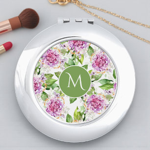 Monogram Pretty Purple Green Watercolor Floral Compact Mirror