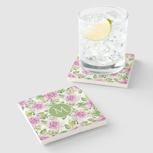 Monogram Pretty Purple Green Watercolor Floral Stone Coaster