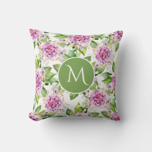 Monogram Pretty Purple Green Watercolor Floral Throw Pillow