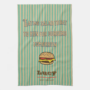 Monogram pretty retro pattern with cute hamburger kitchen towel