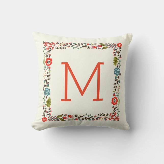Monogram pretty spring floral border teal, red throw pillow (Front)