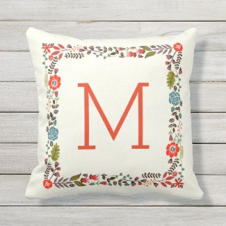 Monogram pretty spring floral border teal, red throw pillow