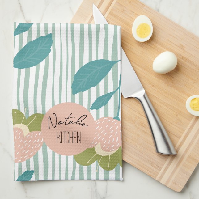 Monogram pretty stylish Script Retro Floral blue Kitchen Towel (Quarter Fold)