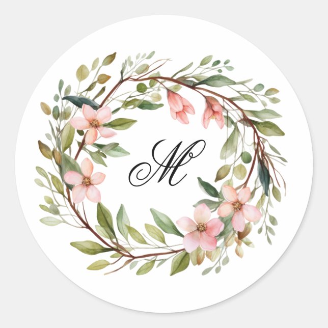 Monogram Pretty Twig and Wildflower Wreath Classic Round Sticker (Front)