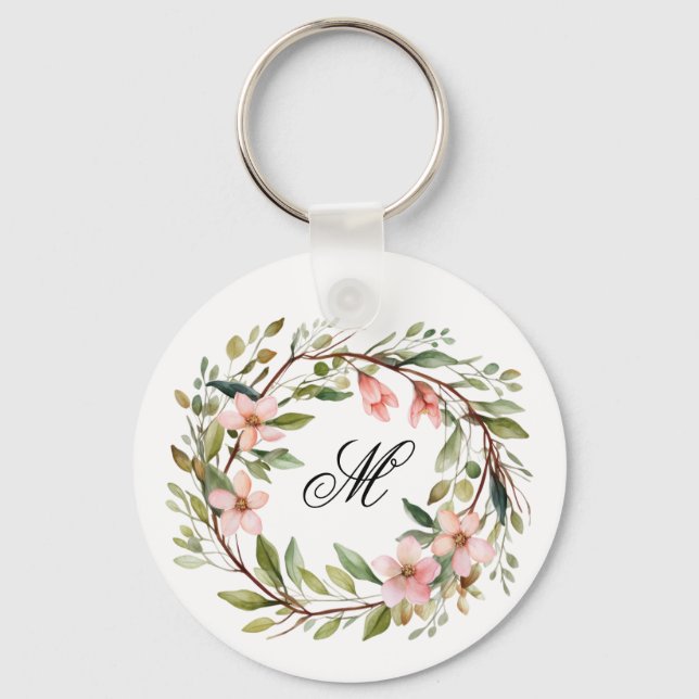 Monogram Pretty Twig and Wildflower Wreath Keychain (Front)