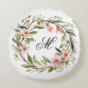 Monogram Pretty Twig and Wildflower Wreath Round Pillow