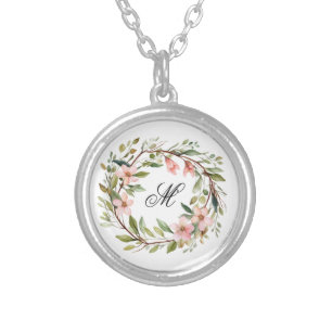 Monogram Pretty Twig and Wildflower Wreath Silver Plated Necklace